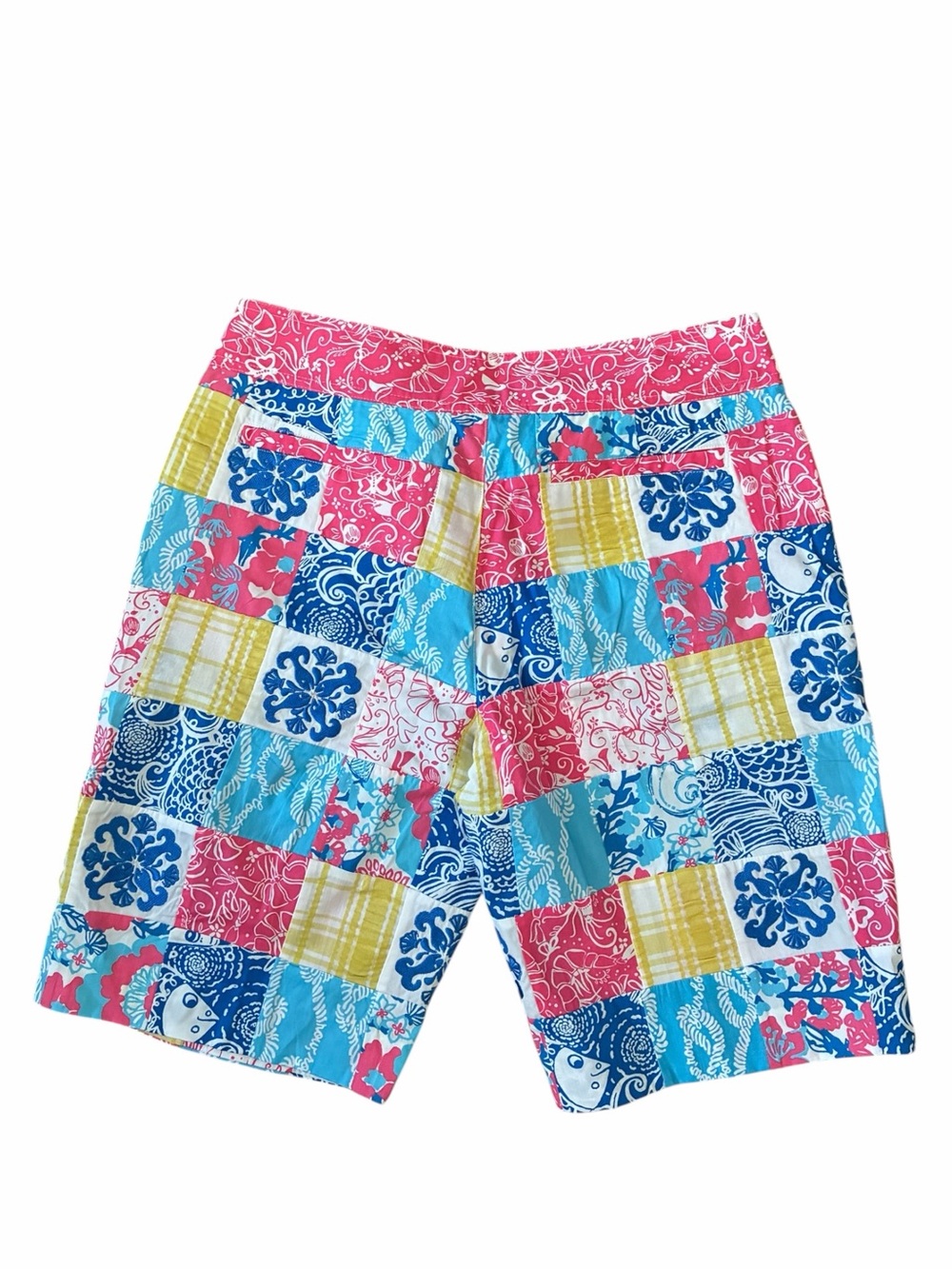 Lily Pulitzer Pink, Blue and Yellow Patchwork Seersucker Bermuda Shorts Size 6 - Picture 4 of 9